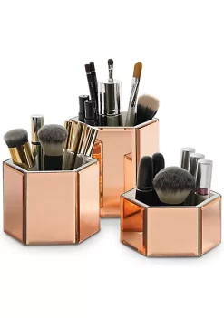 OnDisplay Tressa Set of 3 Hexagon Mirrored Trays for Makeup/Cosmetics, Brushes, Office, Jewelry and Accessories (Rose Gold)