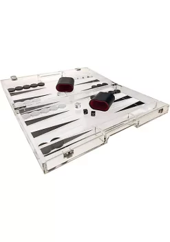 OnDisplay Luxe Acrylic Backgammon Set - Deluxe Portable Folding Game Set with Dice and Cups (Black/White)