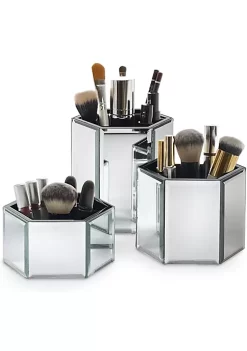 OnDisplay Tressa Set of 3 Hexagon Mirrored Trays for Makeup/Cosmetics, Brushes, Office, Jewelry and Accessories (Silver)