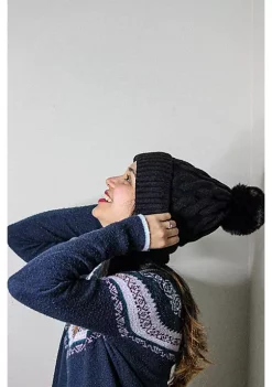 Sierra Socks Fur Lining Hats With Pom Pom Beanie Women's Big Girls Cable Design Hats